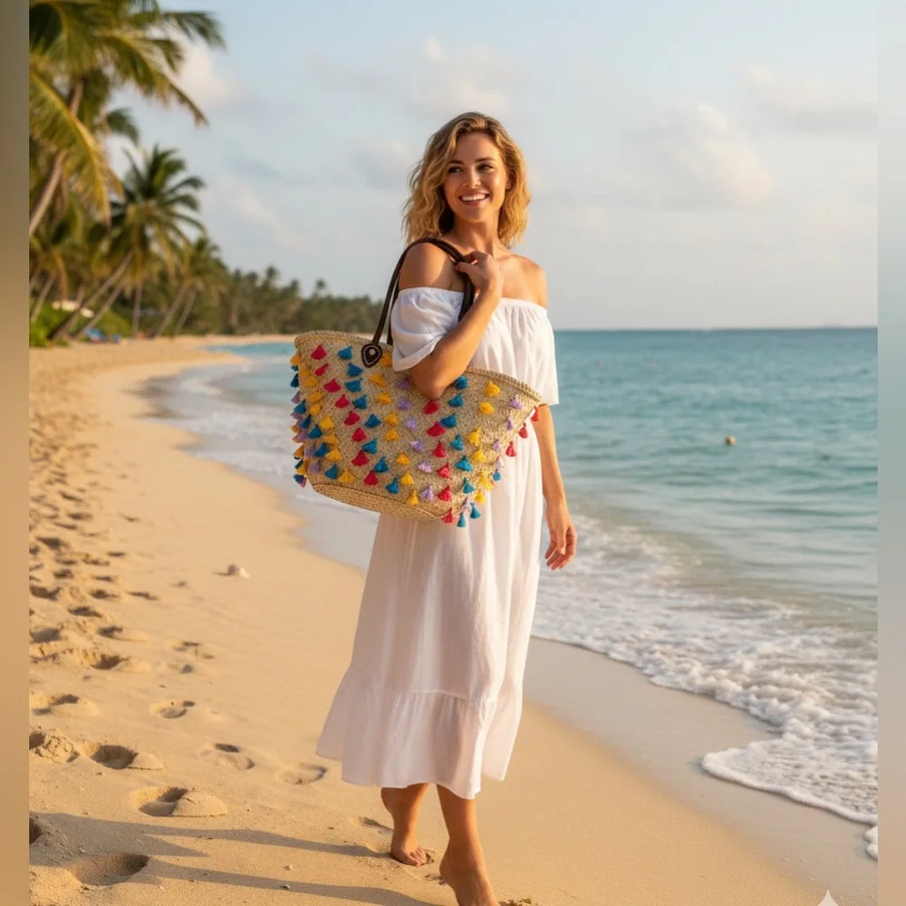 Soeur DU Marco straw tote travel beach bag neutral colorful tassles